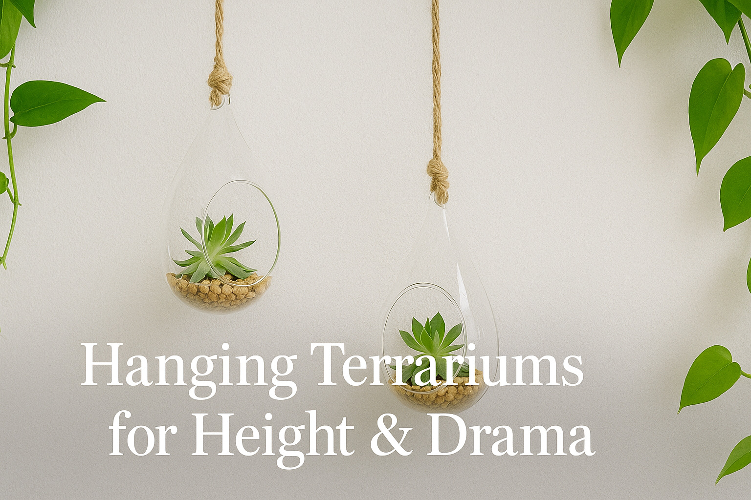 Hanging terrariums with succulents suspended by jute ropes surrounded by trailing vines, showcase dramatic vertical indoor plant styling ideas in a minimal modern home